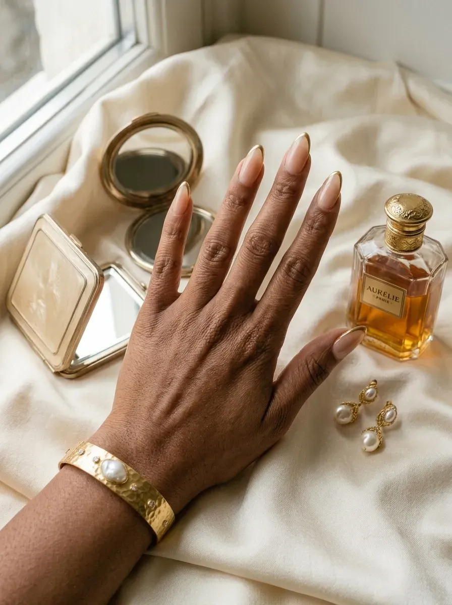 Long almond nails with gold chrome French tips on warm brown skin