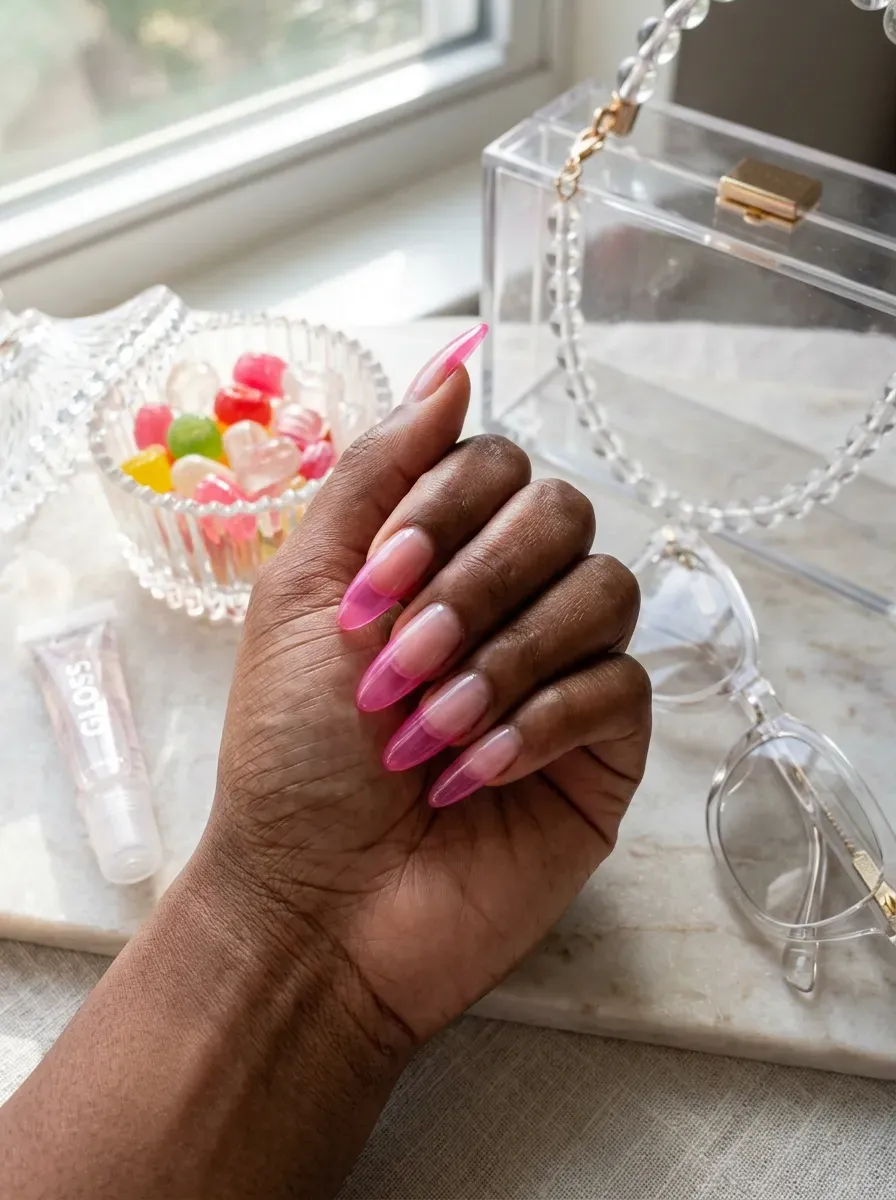 Long clear almond nails with translucent pink jelly French tips