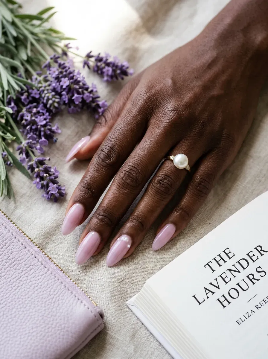 Long almond nails with lavender French tips on rich dark skin