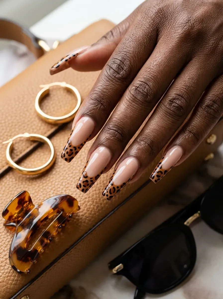 Long coffin nails with brown leopard French tips on deep skin