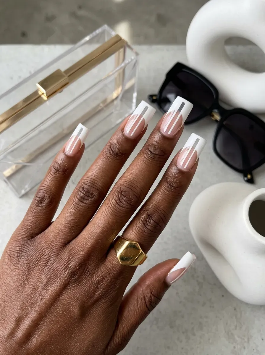 Long square nails with white French tips and narrow nude cutouts