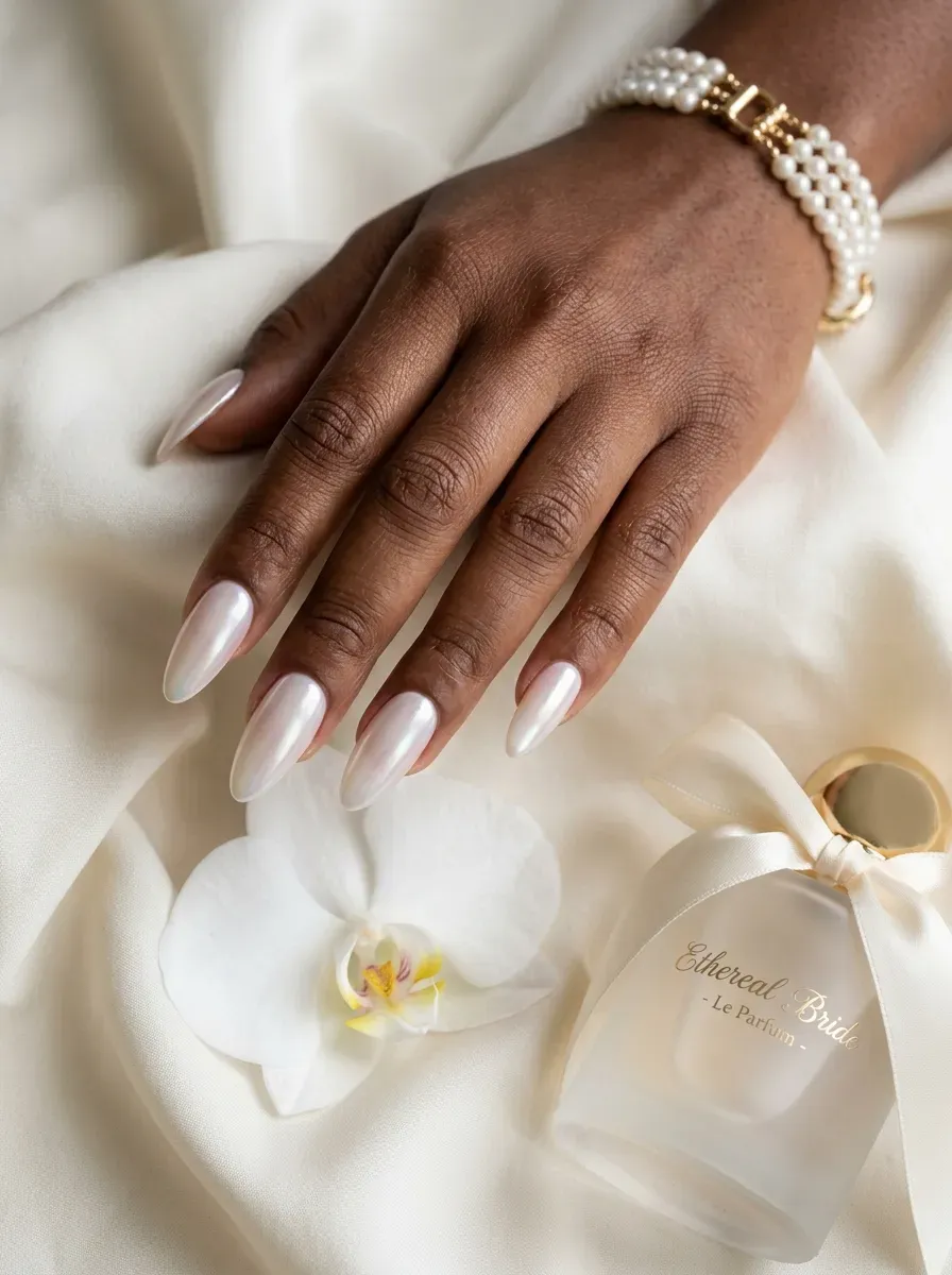 Long almond nails with pearl chrome French tips on deep brown skin