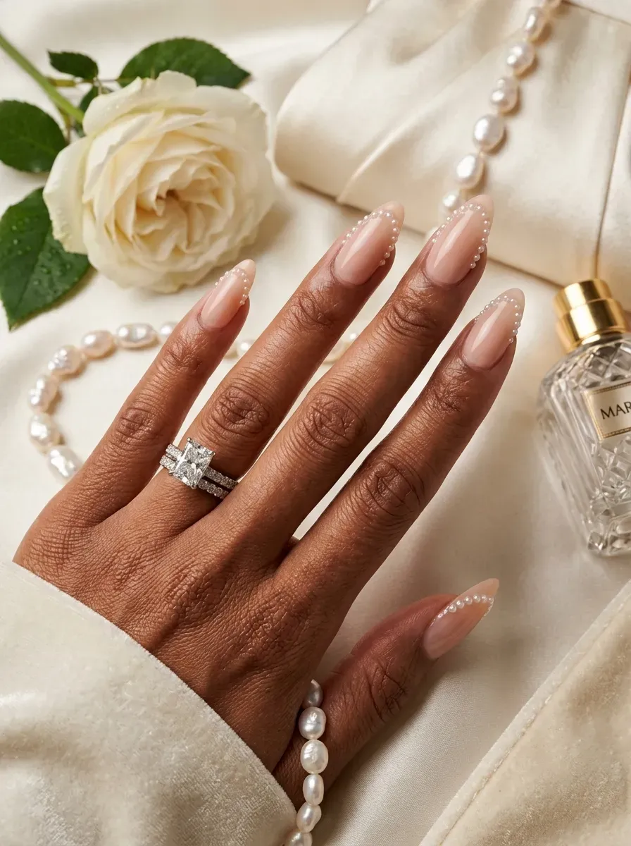 Long nude almond nails with tiny pearls tracing French smile lines