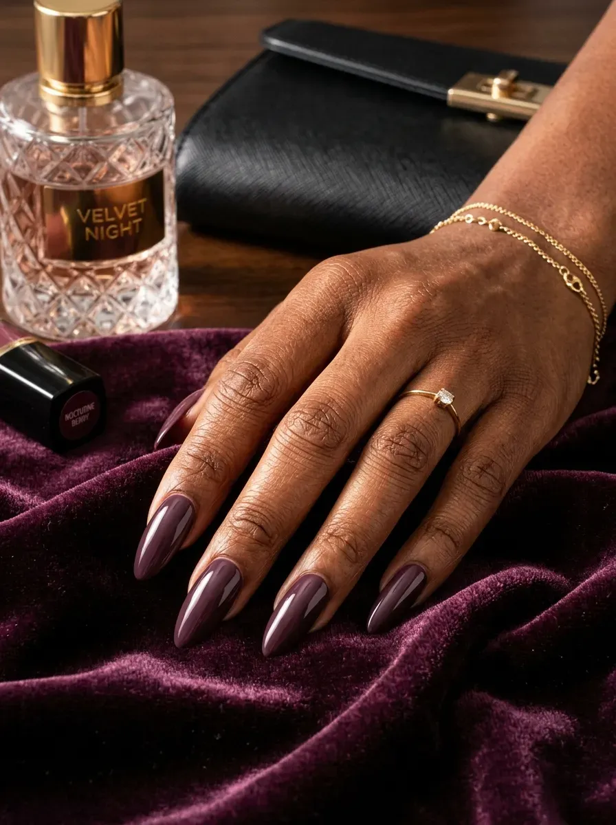Long almond nails with plum French tips on deep chestnut skin