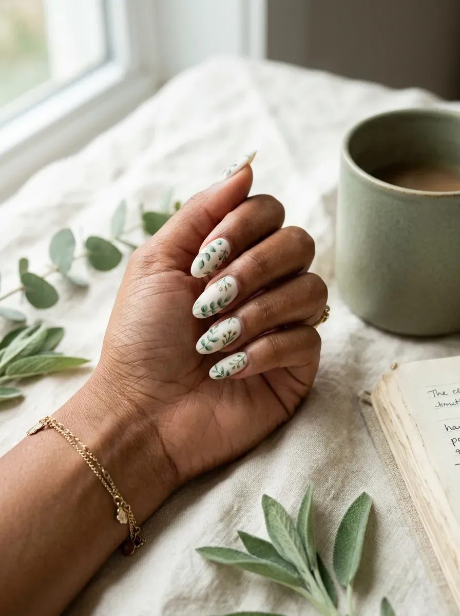 Long oval nails with sage green French tips on warm brown skin
