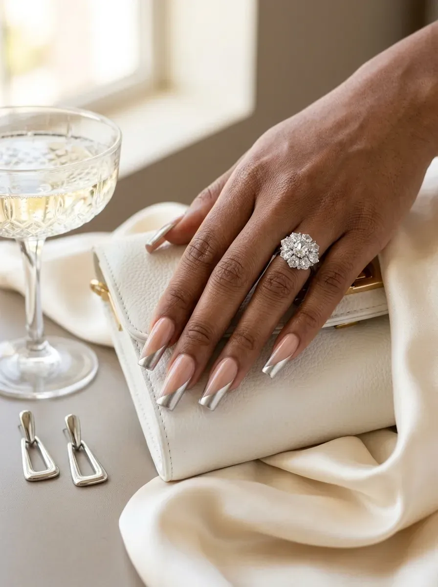 Long square nails with diagonal side swept French tips on brown skin