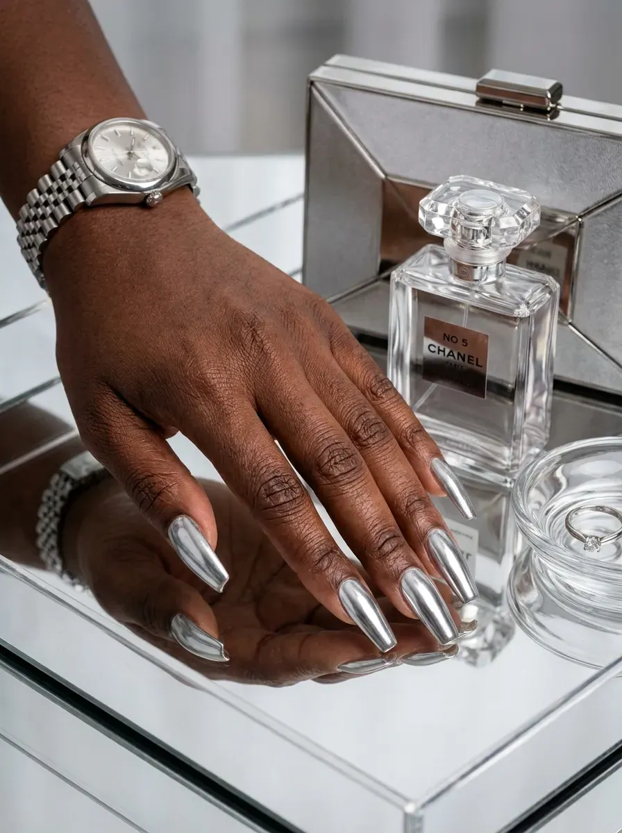 Long coffin nails with silver chrome French tips on dark brown skin