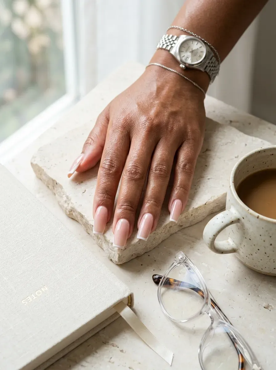 Long soft square nails with white French tips on warm brown skin