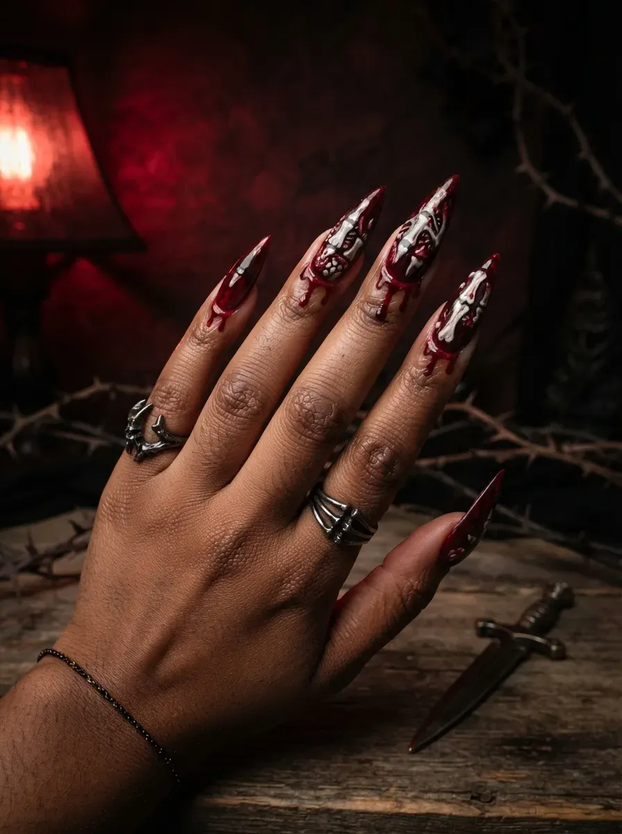Long pointed stiletto nails with blood drip zombie art on deep chestnut skin