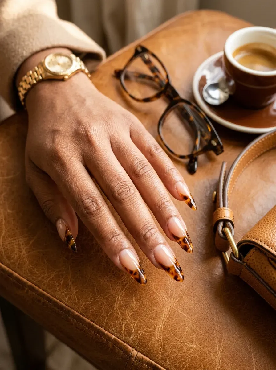 Long almond nails with tortoiseshell French tips on warm brown skin