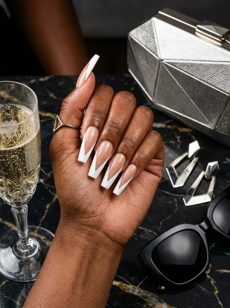 Long coffin nails with sharp V shaped white French tips