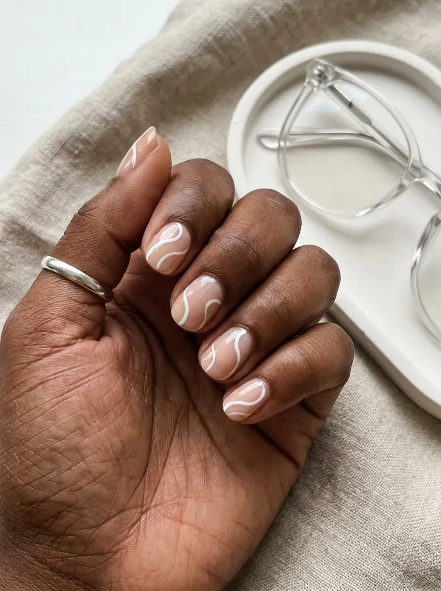 Short sheer nails with loose white swirl lines on deep brown skin