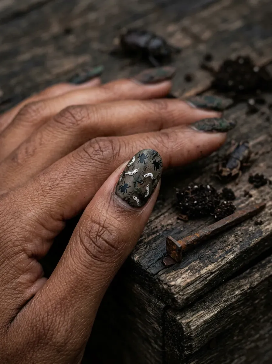 Close-up of tiny maggot and fly nail art detail on brown skin with warm undertones