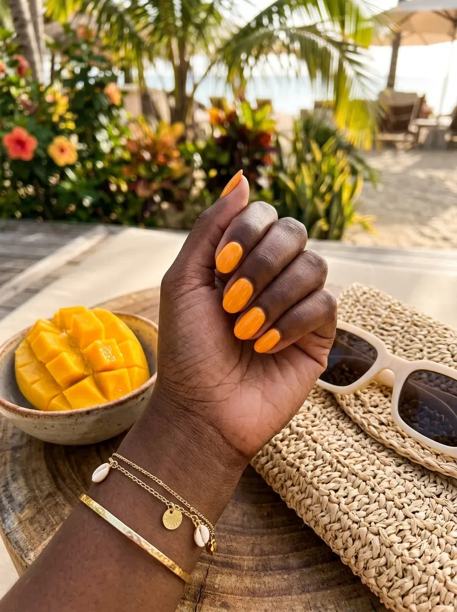 Short oval nails painted glossy mango orange on rich dark skin