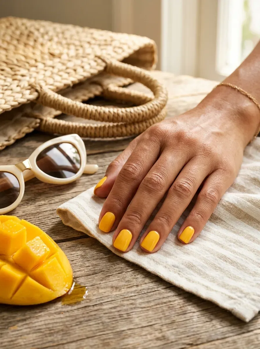 Short squoval nails painted with warm creamy mango yellow polish