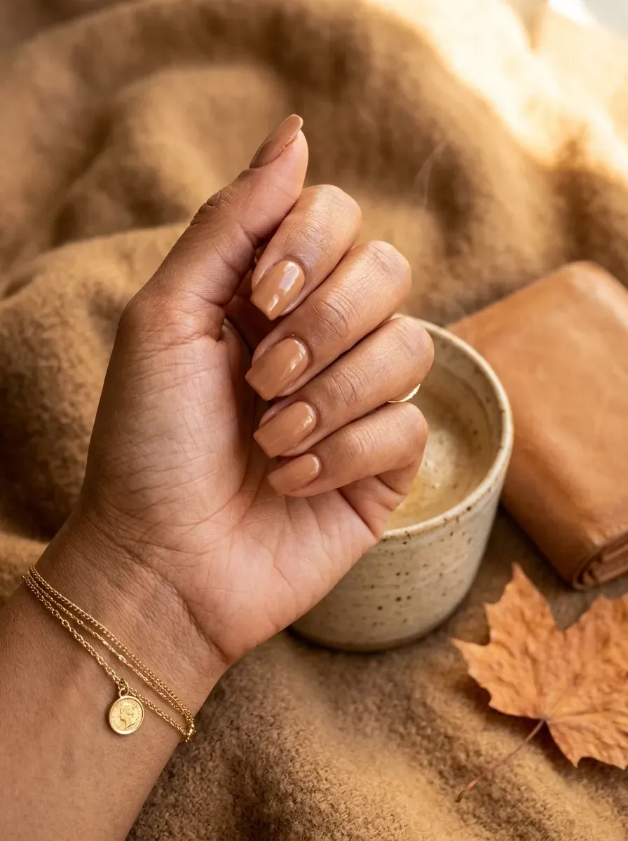 Maple beige glossy nails on warm brown skin with camel accessories