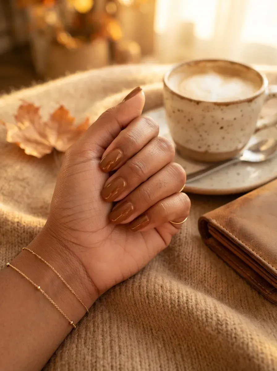 Glossy maple brown nails on warm skin with camel and gold accessories