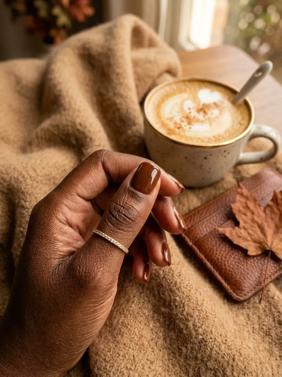 Short maple brown nails with glossy finish on deep chestnut skin