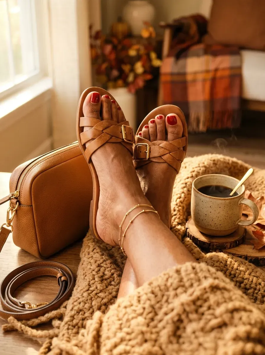 Warm maple red toenails on brown skin beside camel fall accessories