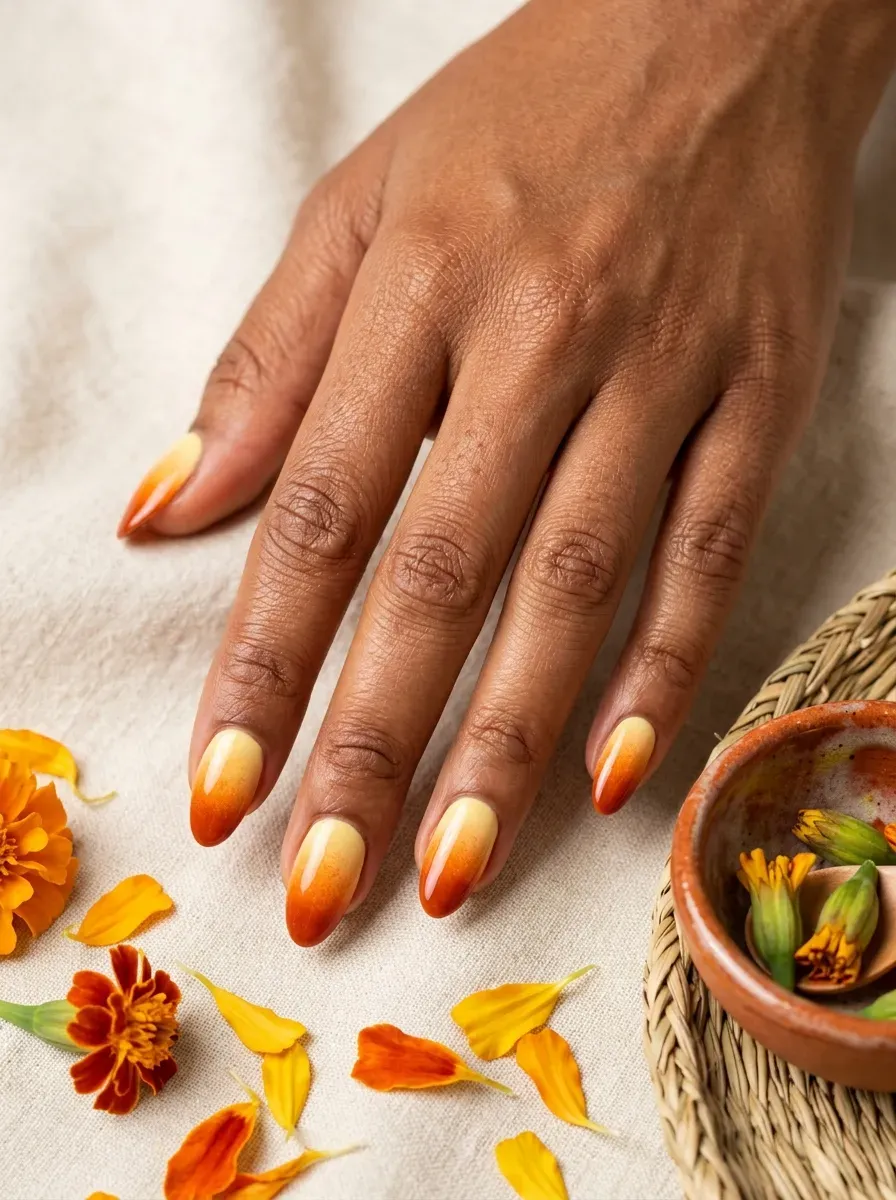 Medium length nails with a yellow to orange ombre gradient on warm brown skin