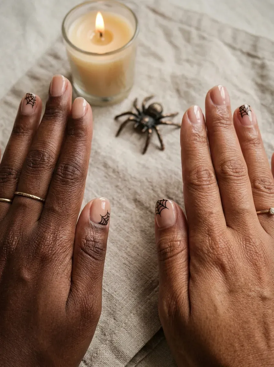 Two hands each with a small black cobweb painted in the corner of the accent nail on deep brown skin and brown skin with warm undertones