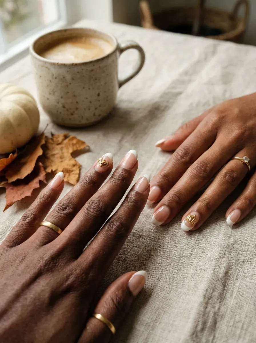 Two hands with classic white french tips and one tiny gold charm each on deep chestnut skin and warm brown skin