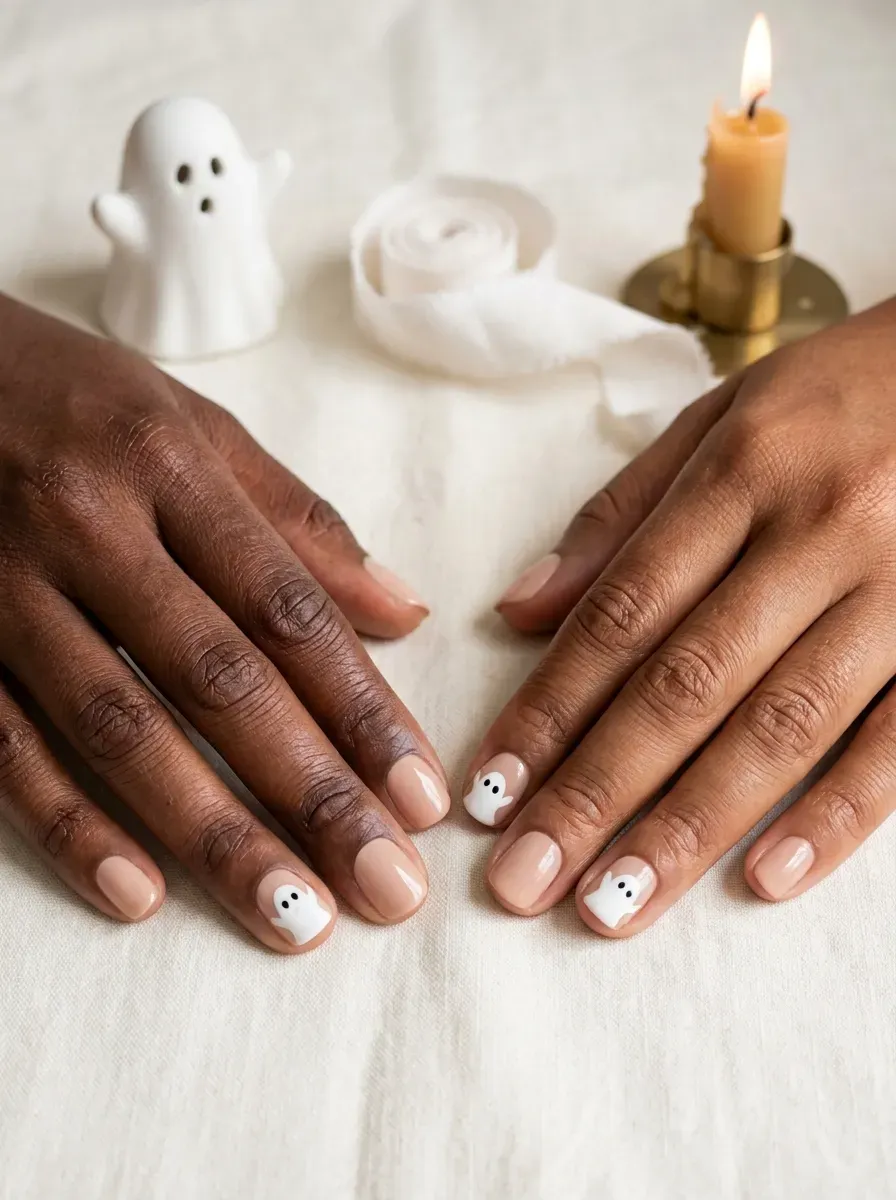 Two hands each with a small white ghost peeking from behind the cuticle on a nude accent nail on deep chestnut skin and warm brown skin