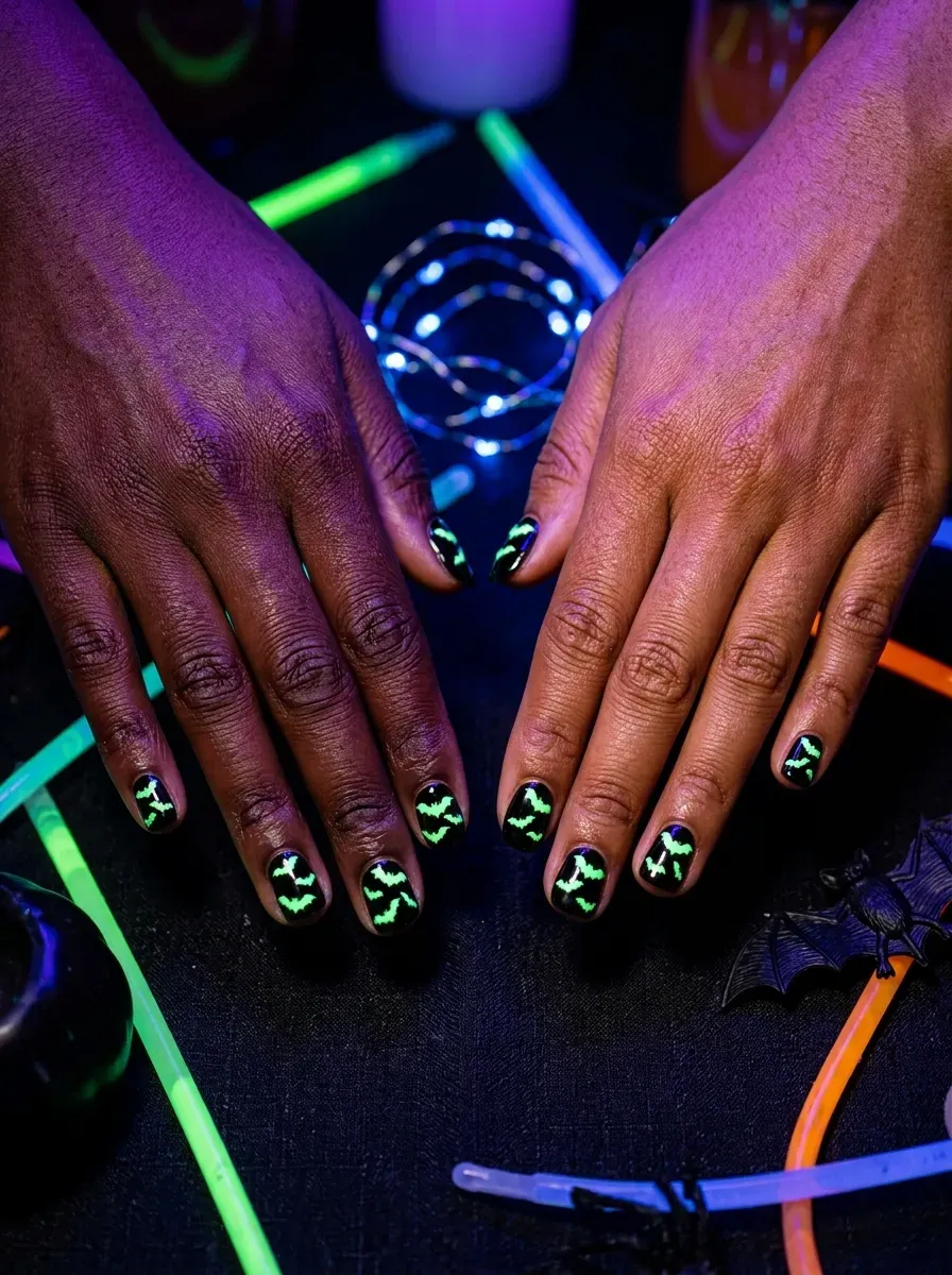 Two hands each with small black bat silhouettes painted in glow in the dark polish on deep chestnut skin and warm brown skin