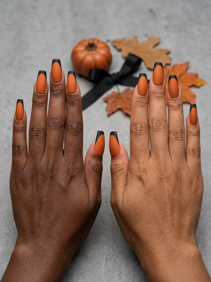 Two hands with matte orange coffin shaped nails and a solid black dipped tip on warm brown skin and deep brown skin
