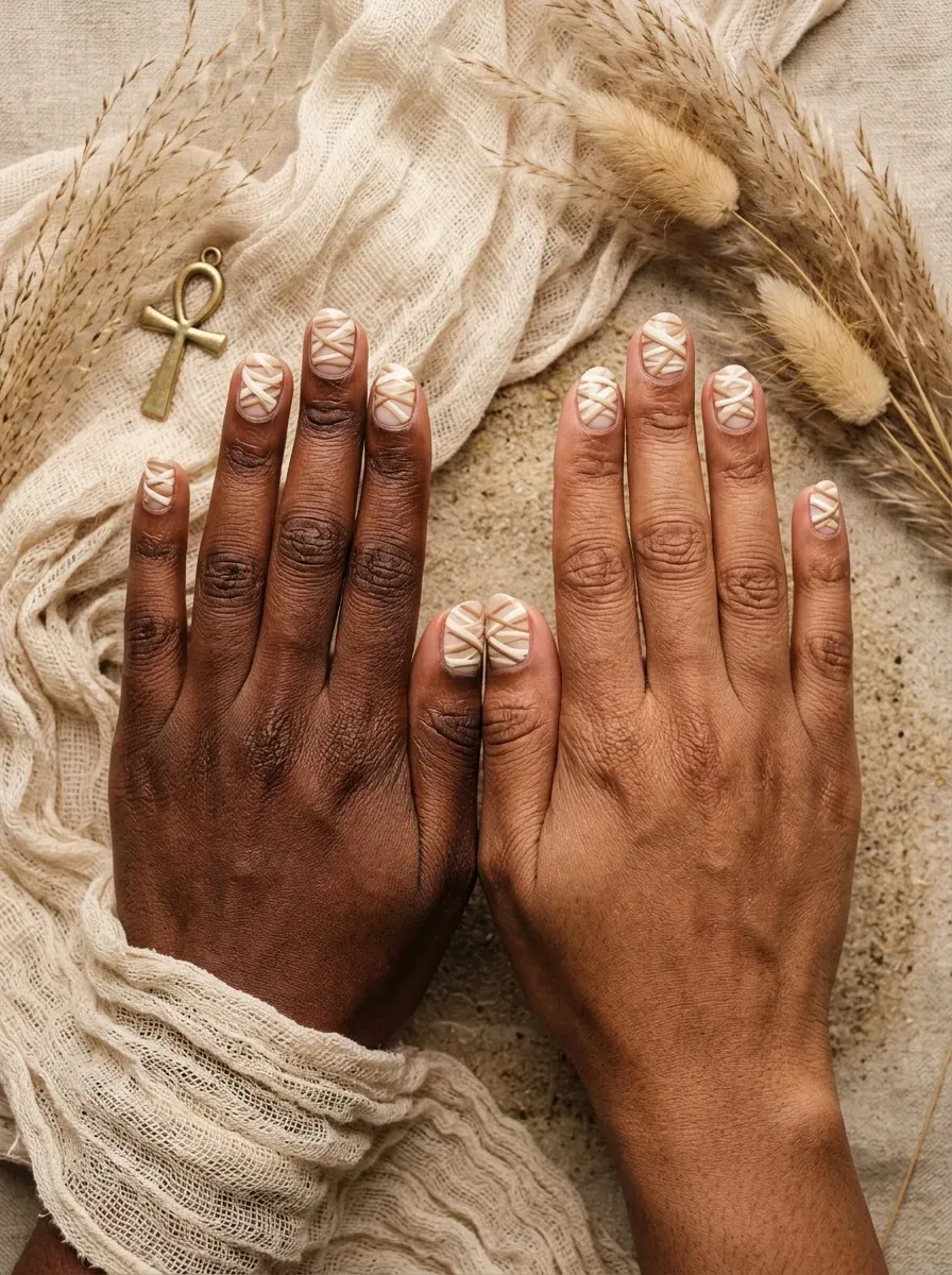 Two hands each with nails painted in cream toned crisscrossing mummy wrap texture lines on warm brown skin and deep chestnut skin