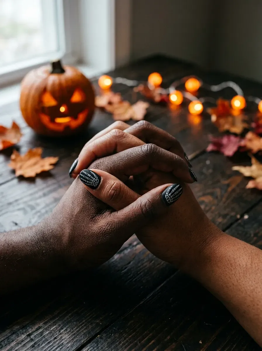 Two clasped hands each with white skeleton bone line art painted across the fingers on deep brown skin and warm brown skin