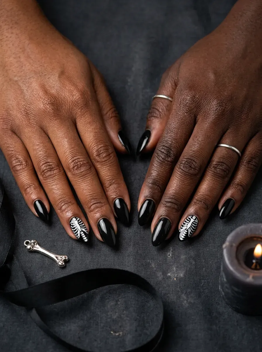 Two hands each with one accent nail featuring white painted rib cage line art over a black base on deep brown skin and rich dark skin tone