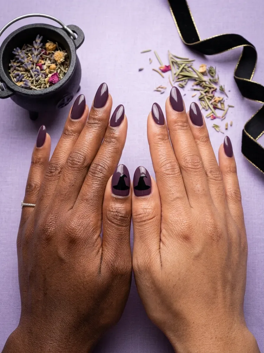 Two accent nails each with a solid black witch hat silhouette over a purple base on rich dark skin tone and deep brown skin