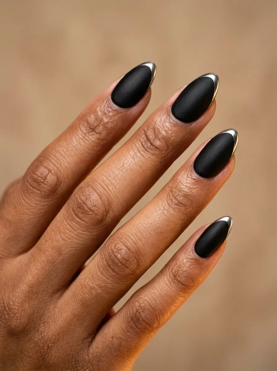 Matte black almond-shaped nails with metallic silver tip detail