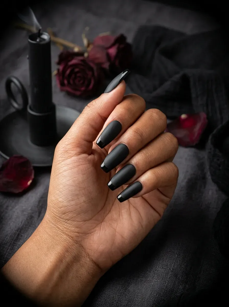Long coffin nails in matte black with a glossy black tip on brown skin with warm undertones