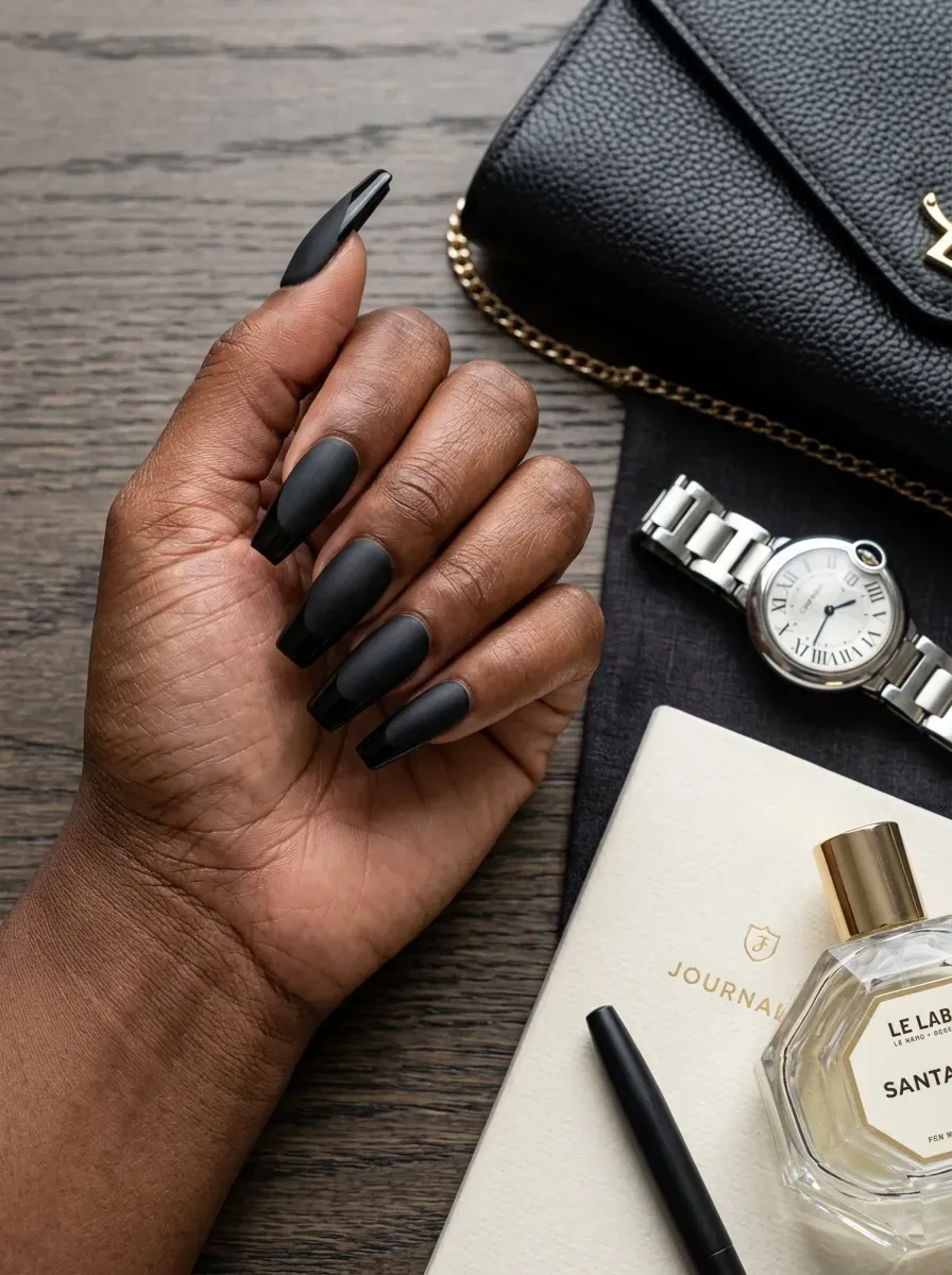 Long black coffin nails with matte bases and glossy French tips