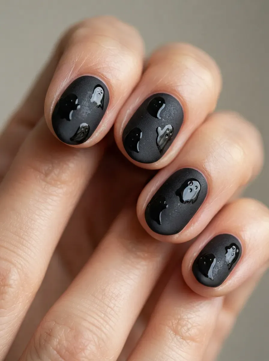 Short matte black nails decorated with raised glossy ghost silhouettes