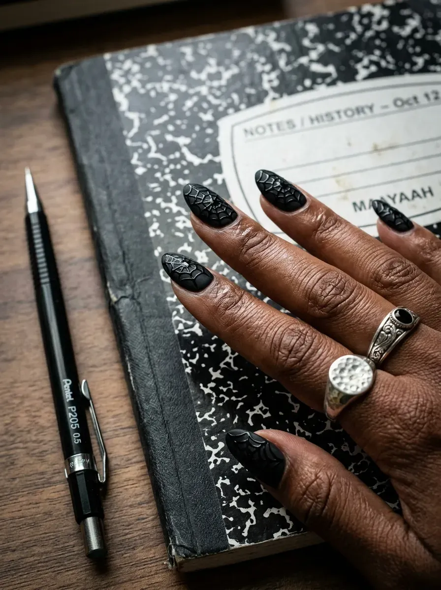 Close-up of almond nails with matte black base and glossy spiderweb nail art
