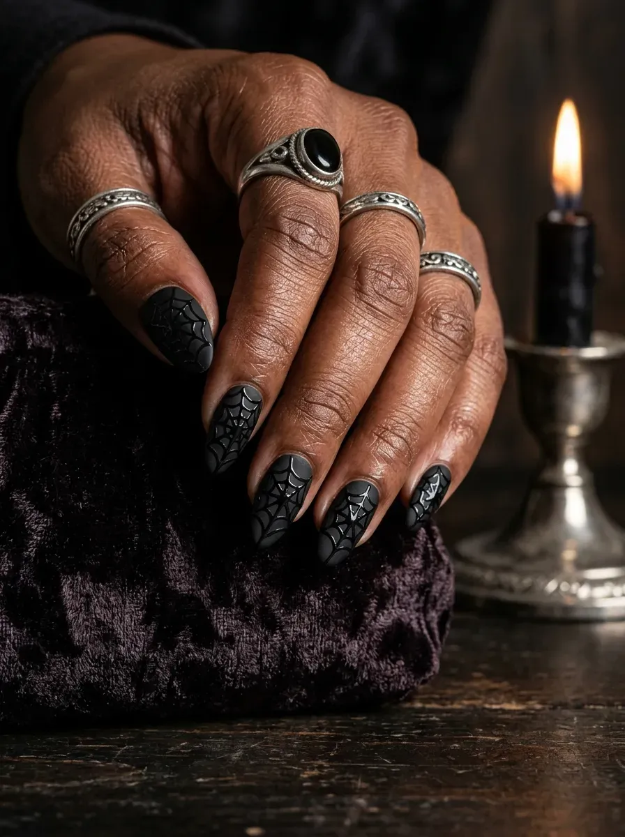 Close-up of almond nails with matte black base and glossy spiderweb nail art