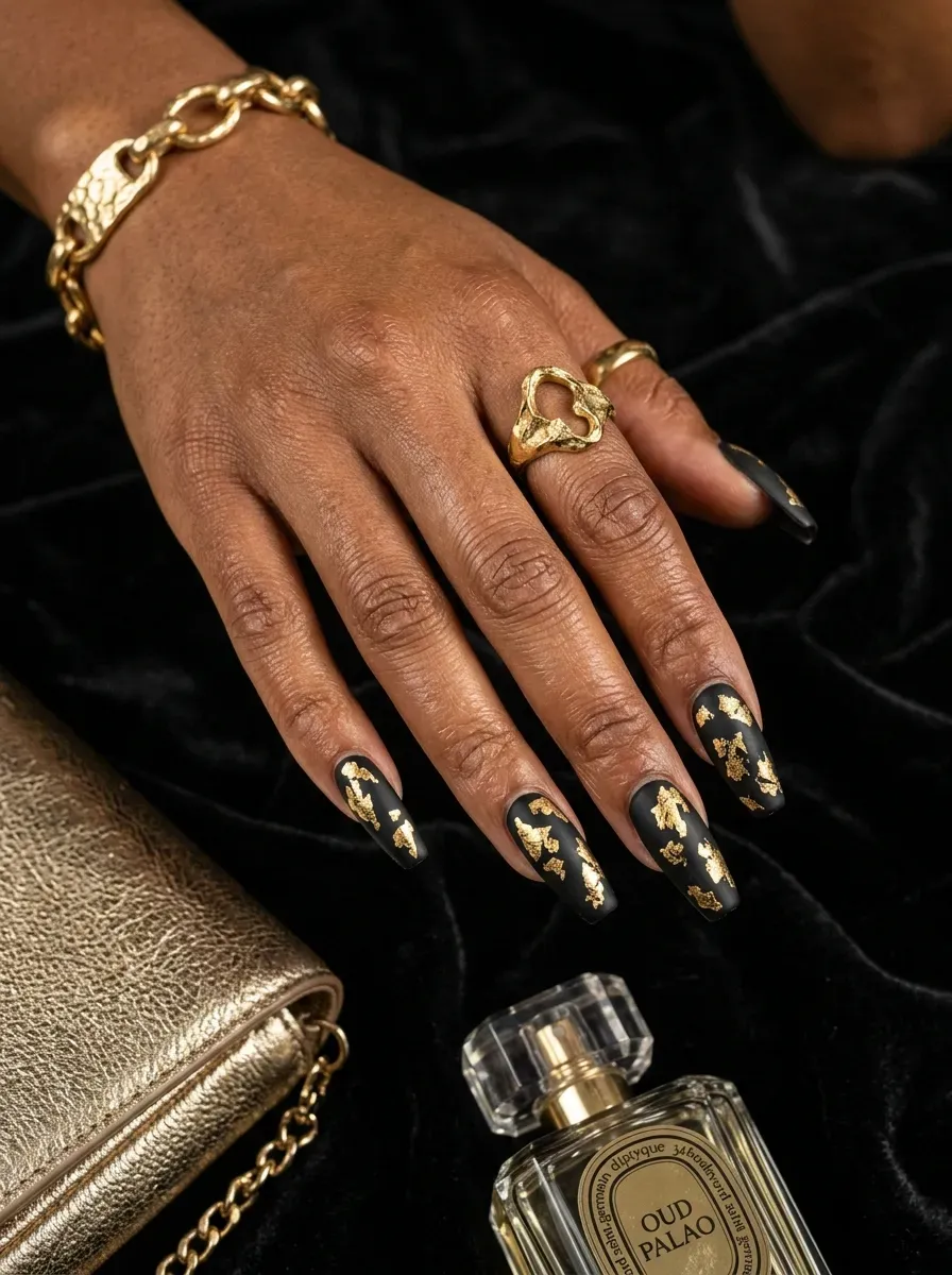 Long matte black coffin nails with irregular gold foil on brown skin