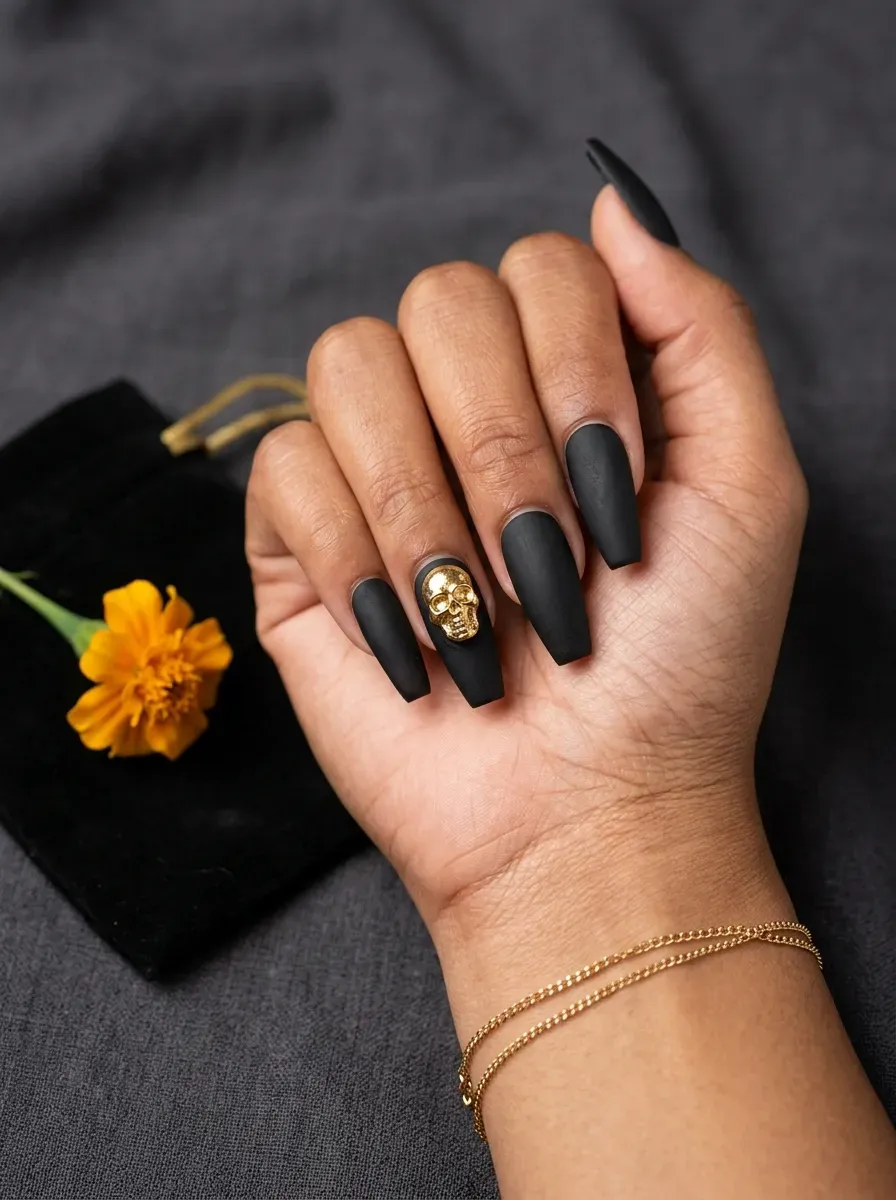 Matte black coffin nails with a small gold metal skull charm on the accent nail on warm brown skin