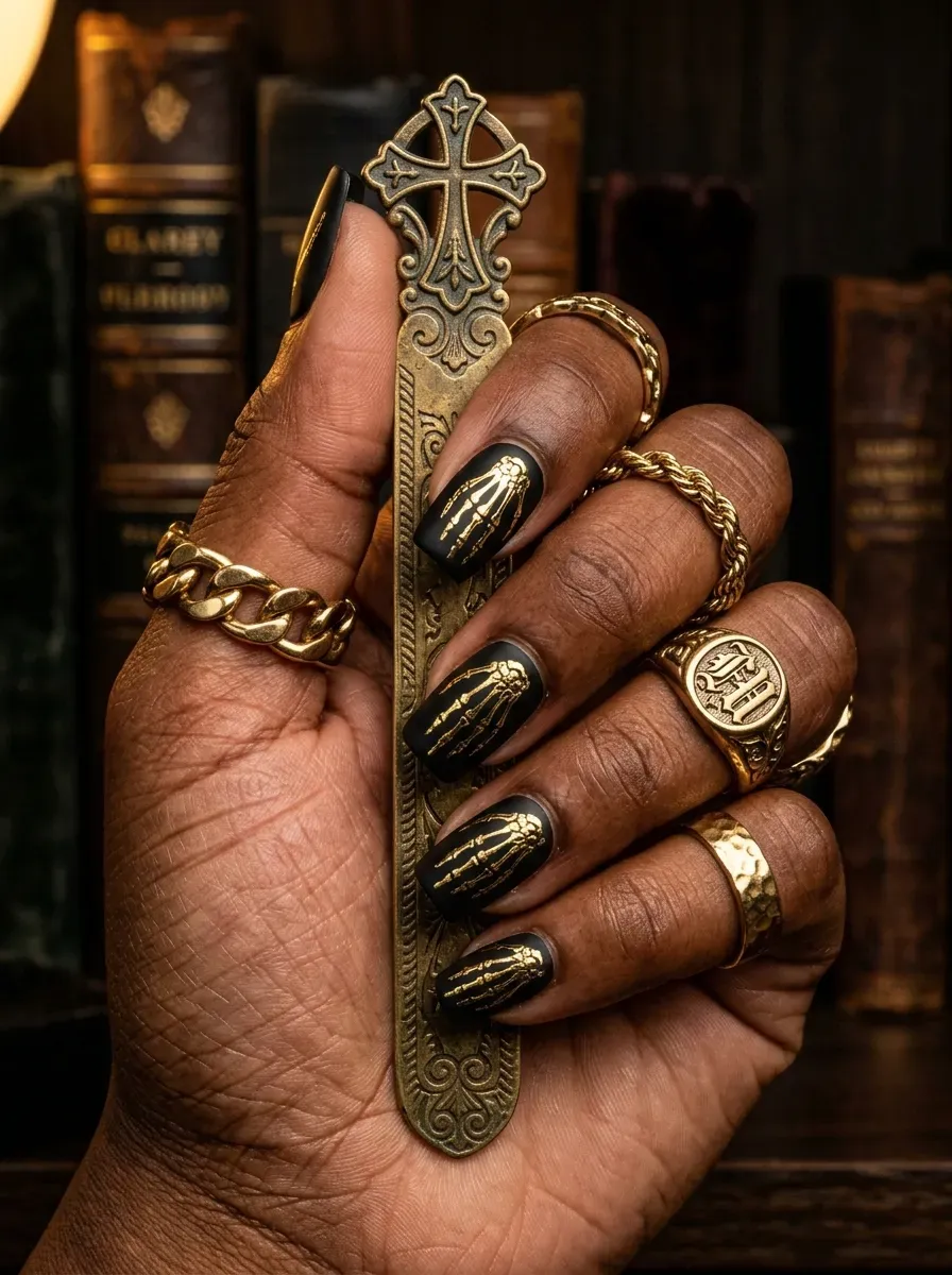 Matte black nails decorated with painted metallic gold skeleton fingers