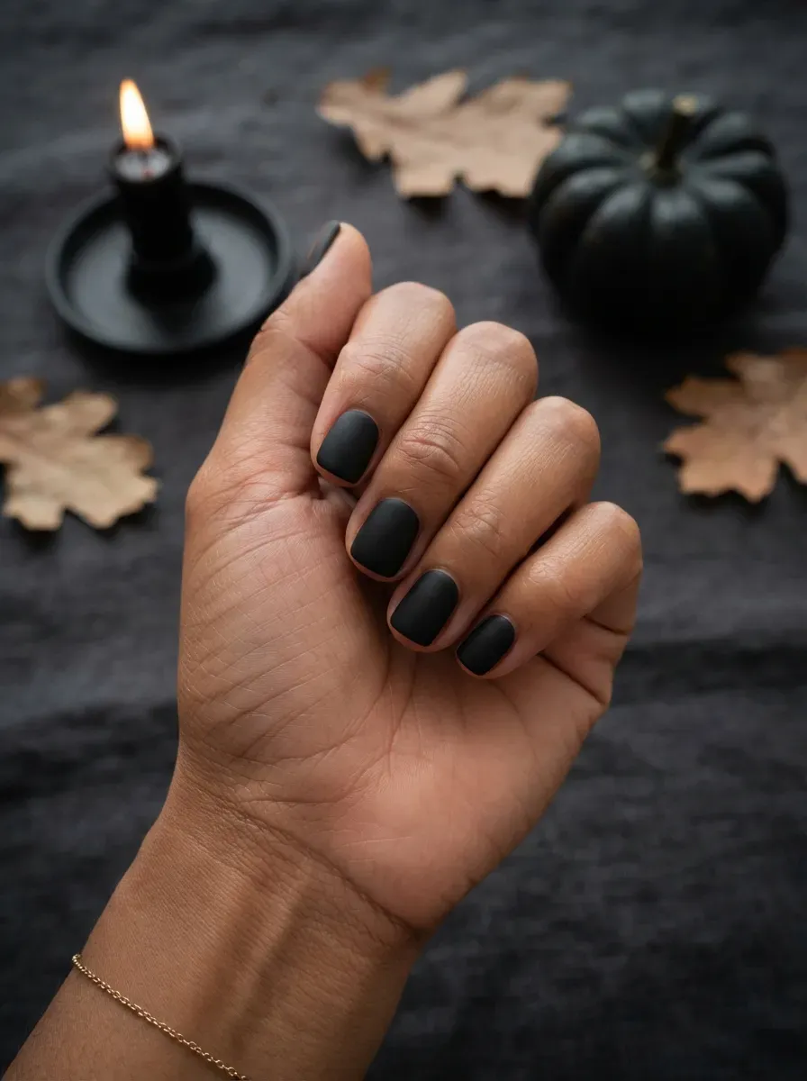 Short square nails in a flat matte black finish on brown skin with warm undertones