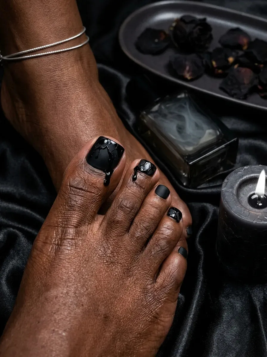 Matte black pedicure with glossy black French tips on dark skin