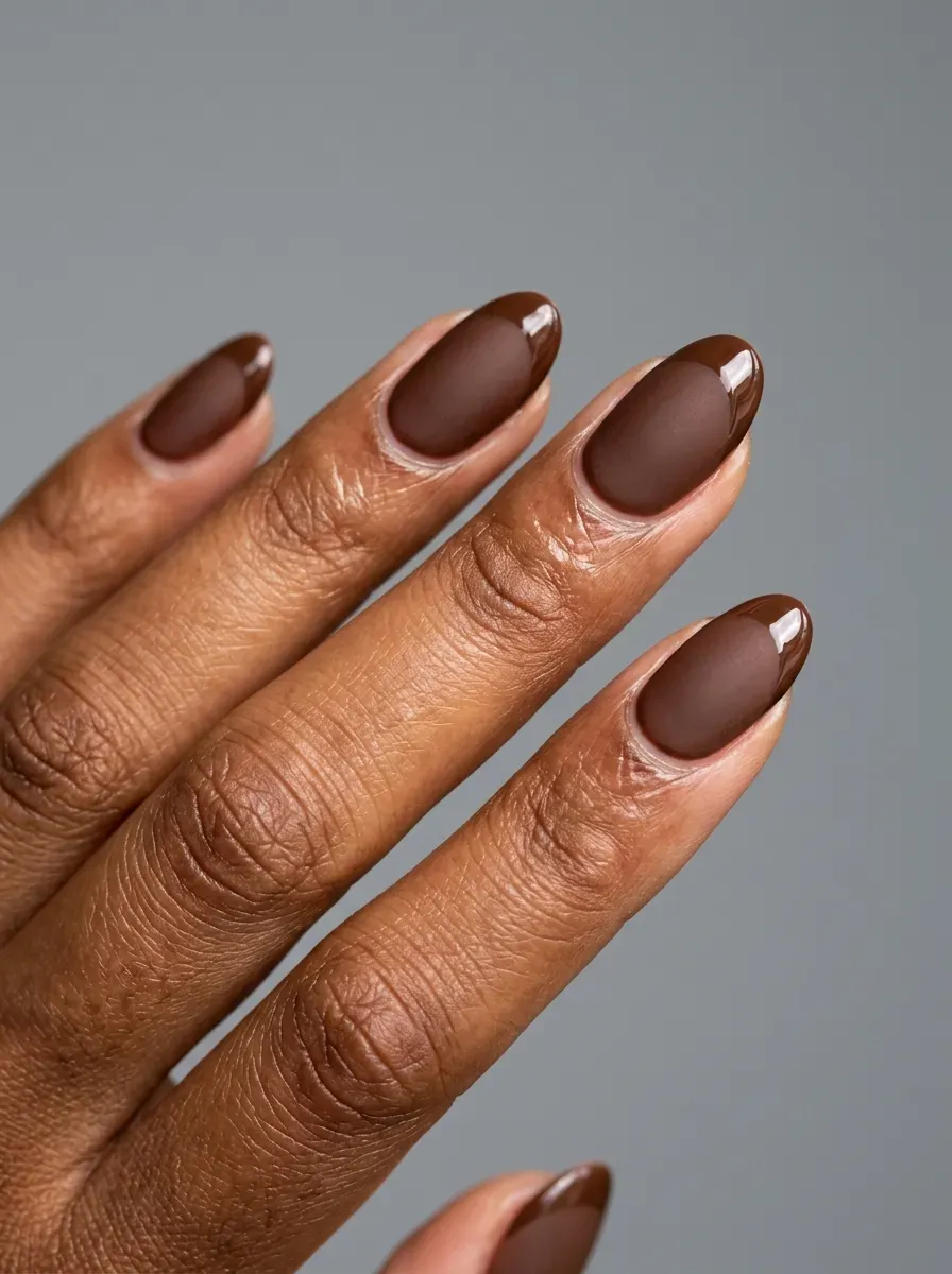Short almond nails with matte brown bases and glossy brown French tips