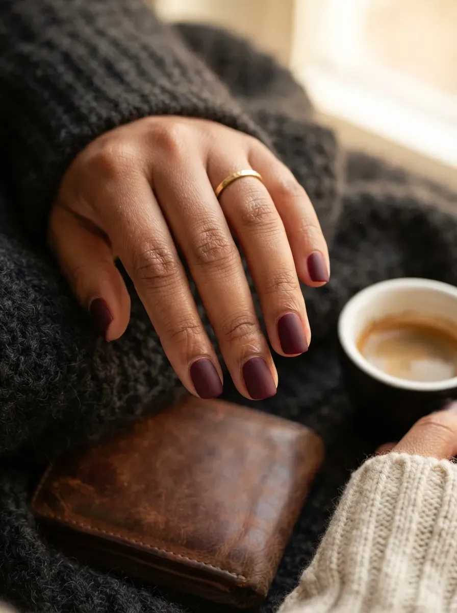 Short matte burgundy nails on warm brown skin beside neutral fall accessories