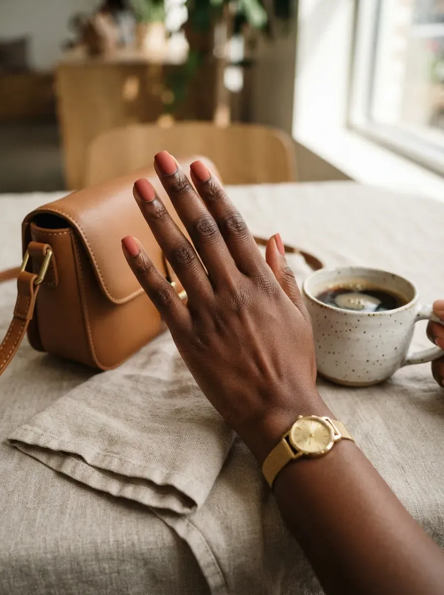 Short square nails painted muted burnt coral with matte finish
