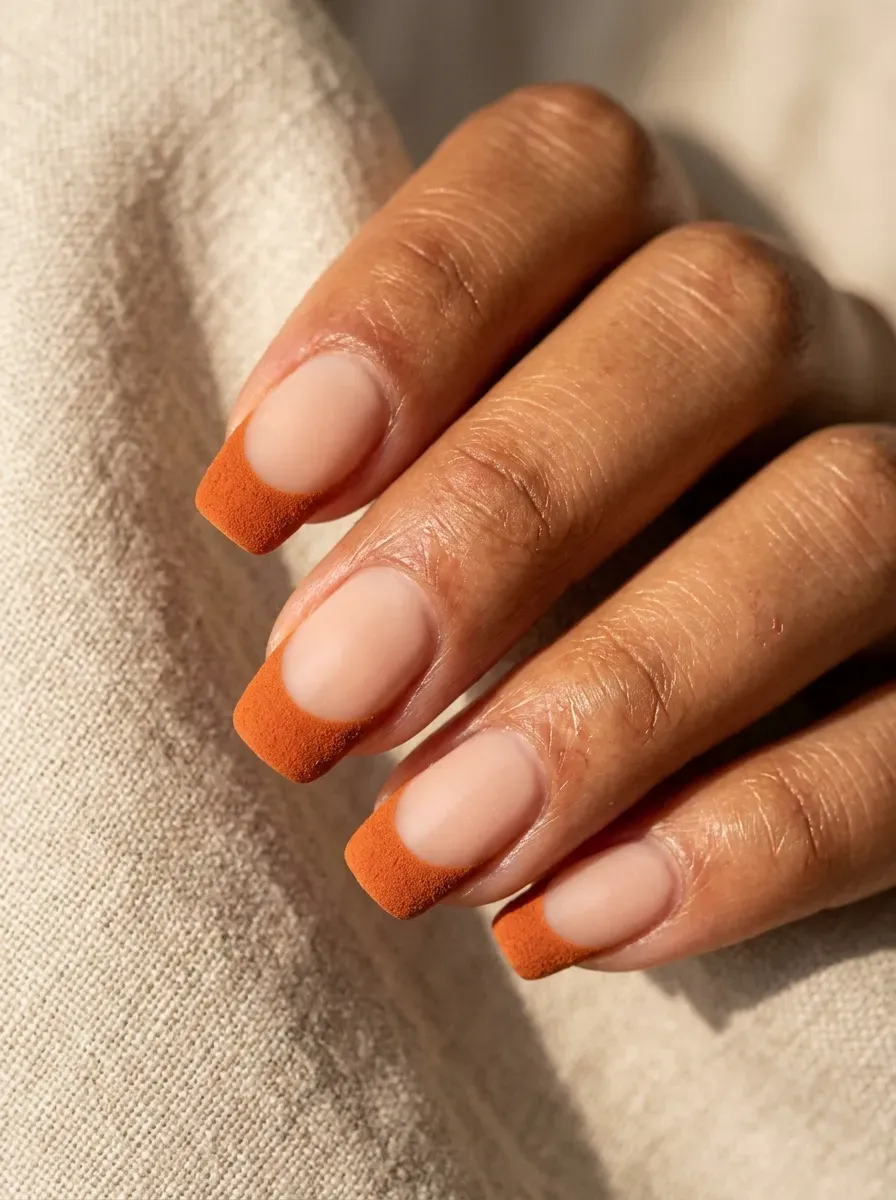 Matte finish burnt orange French tip nail design