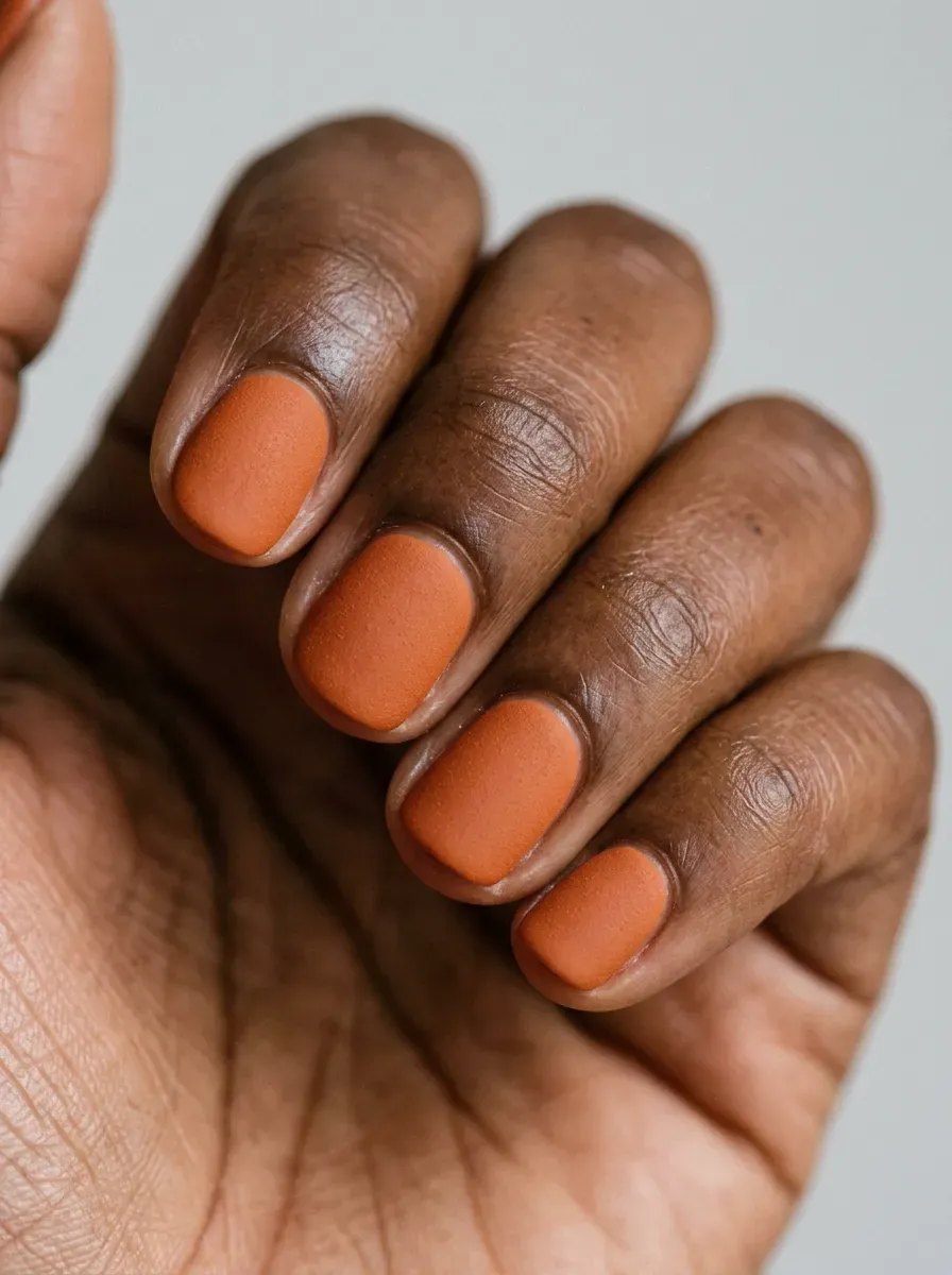 Short rounded nails covered in matte burnt orange gel polish on deep brown skin