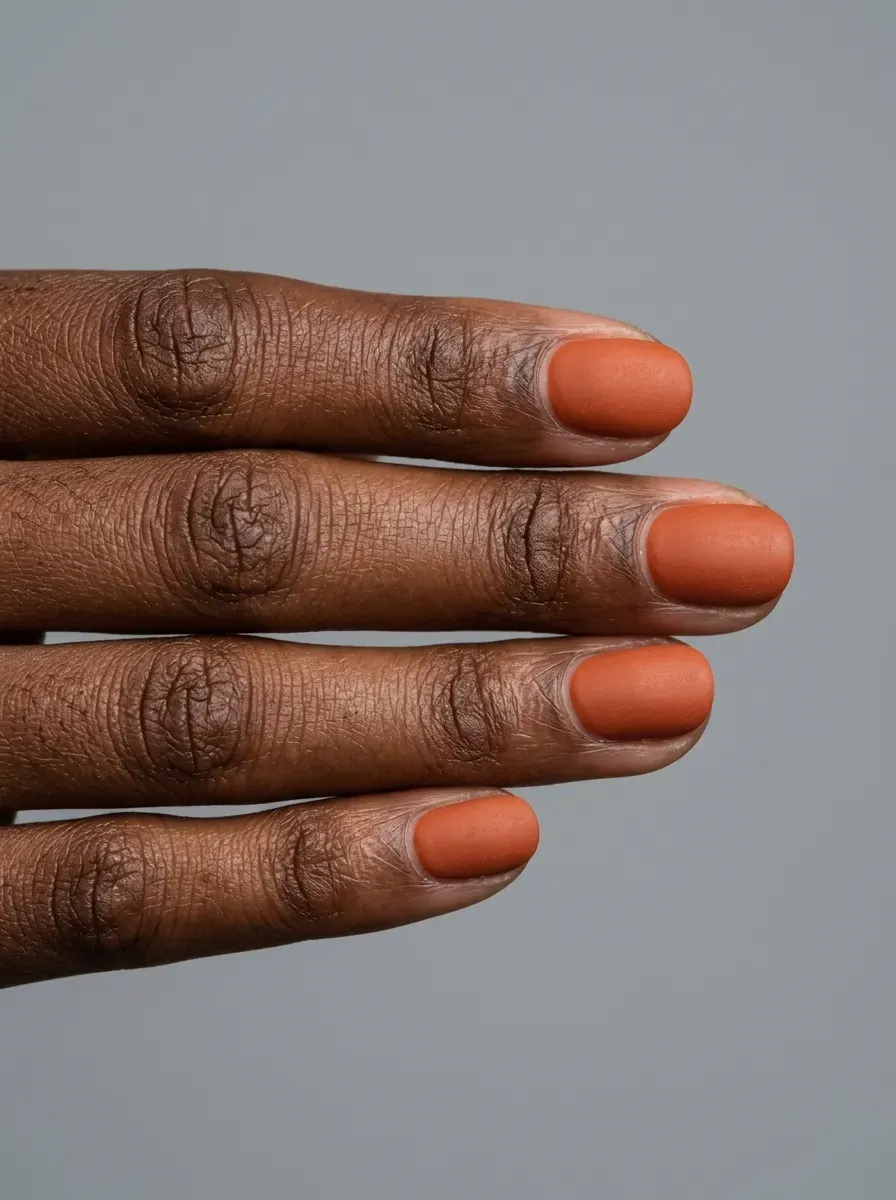 Short rounded nails coated in smooth matte burnt orange polish